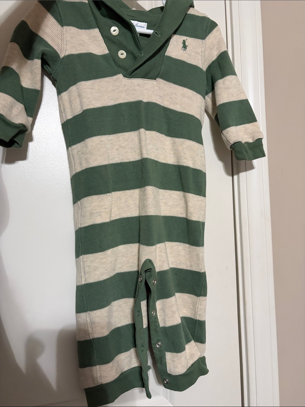 Baby Boy Ralph Lauren Green and Cream Striped Romper